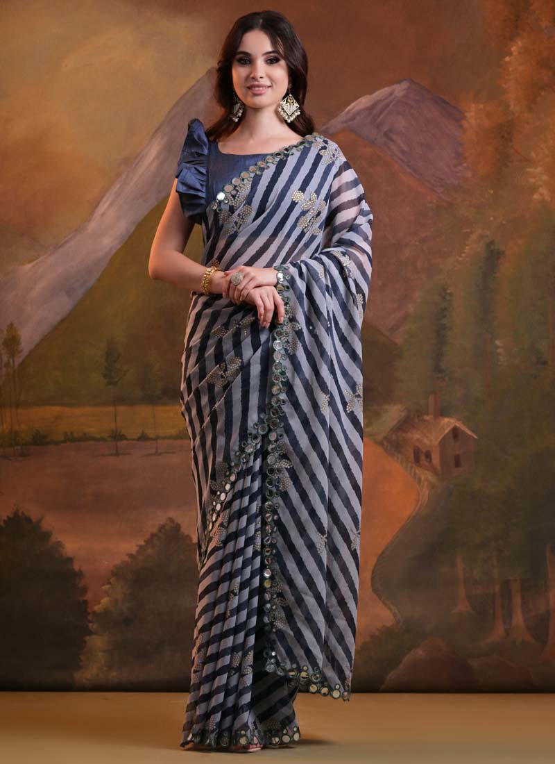 Vegaa Fashion Blue Georgette Leriya Print Designer Saree