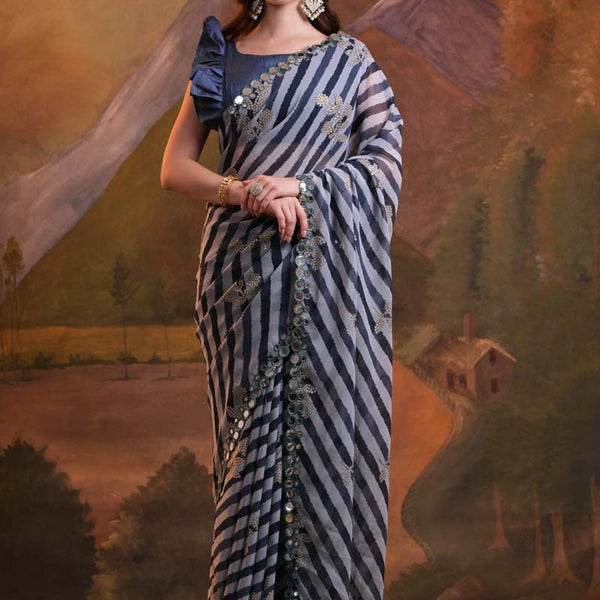 Vegaa Fashion Blue Georgette Leriya Print Designer Saree - Distacart