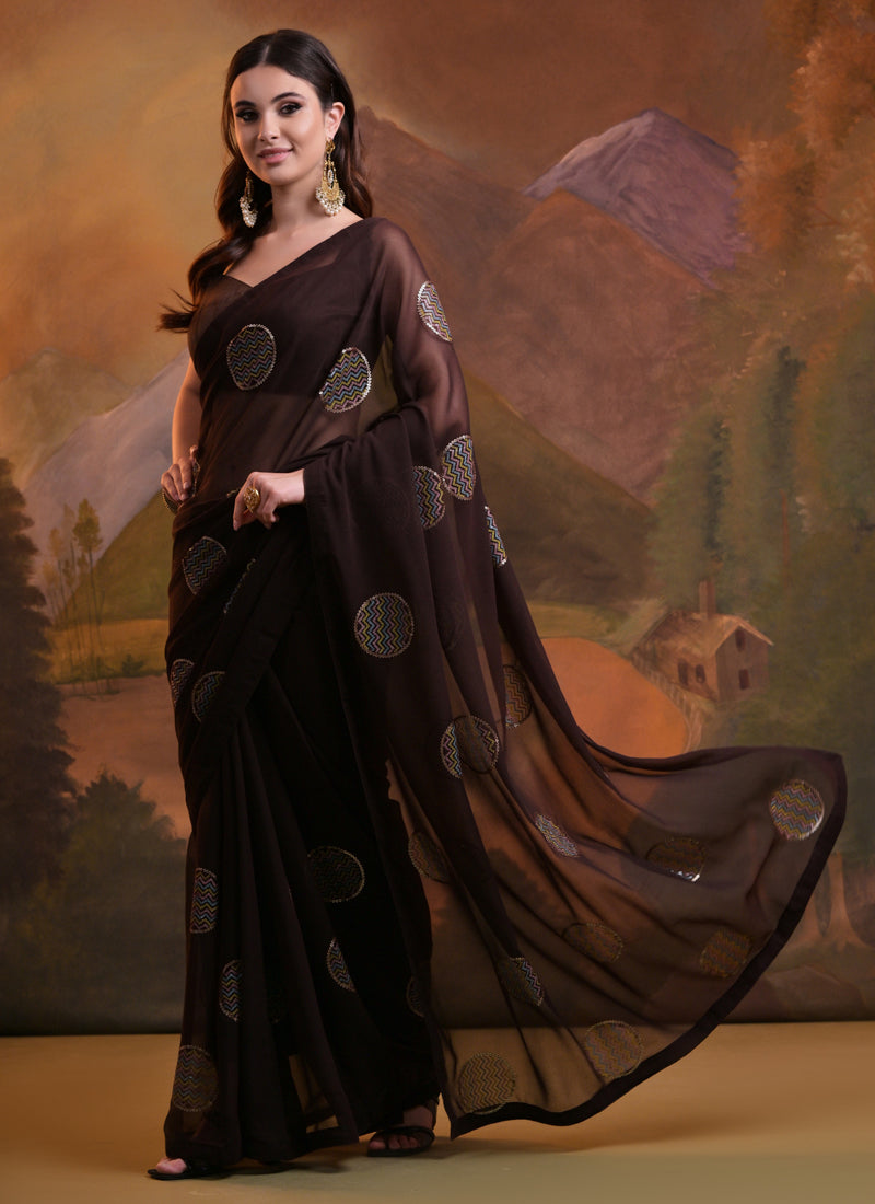 Vegaa Fashion Brown Heavy Georgette Sequence Work Saree