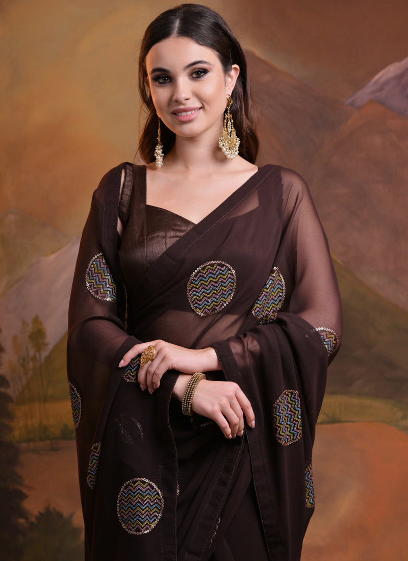 Vegaa Fashion Brown Heavy Georgette Sequence Work Saree
