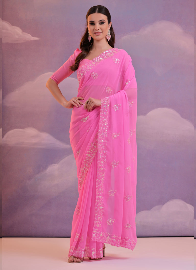 Vegaa Fashion Light Pink Grey Soft Georgette Sequence Work Saree