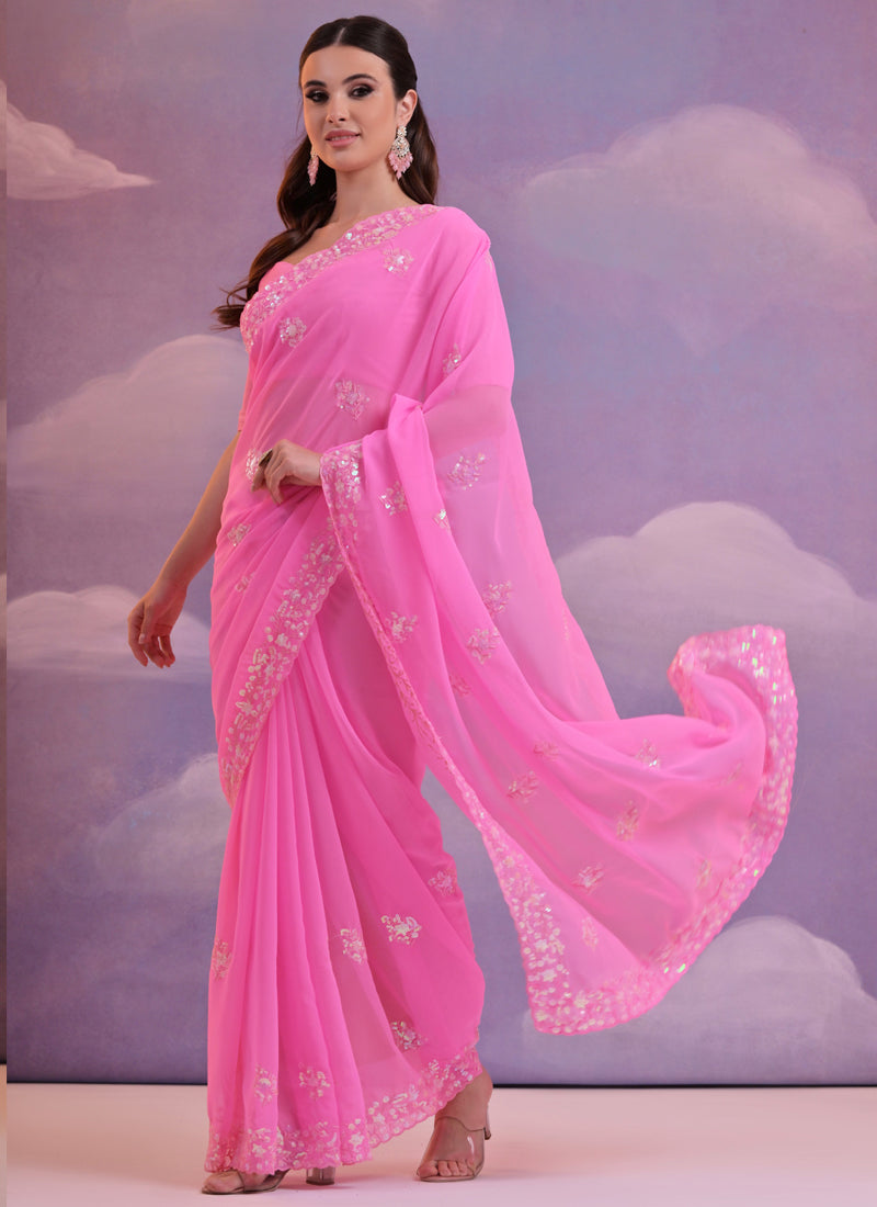 Vegaa Fashion Light Pink Grey Soft Georgette Sequence Work Saree