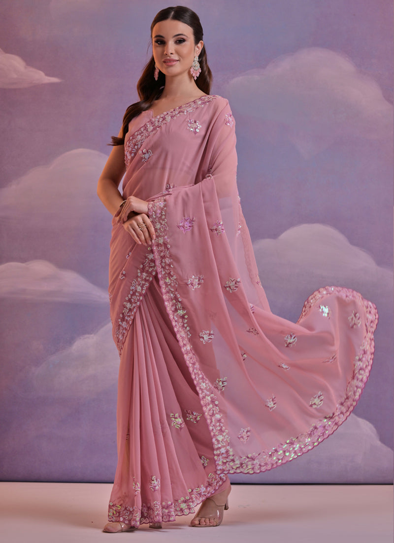 Vegaa Fashion Light Brown Grey Soft Georgette Sequence Work Saree