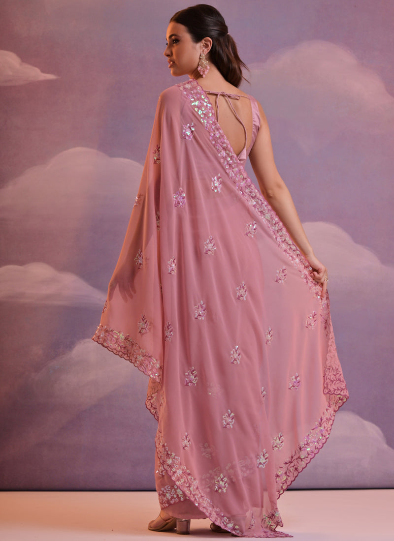 Vegaa Fashion Light Brown Grey Soft Georgette Sequence Work Saree