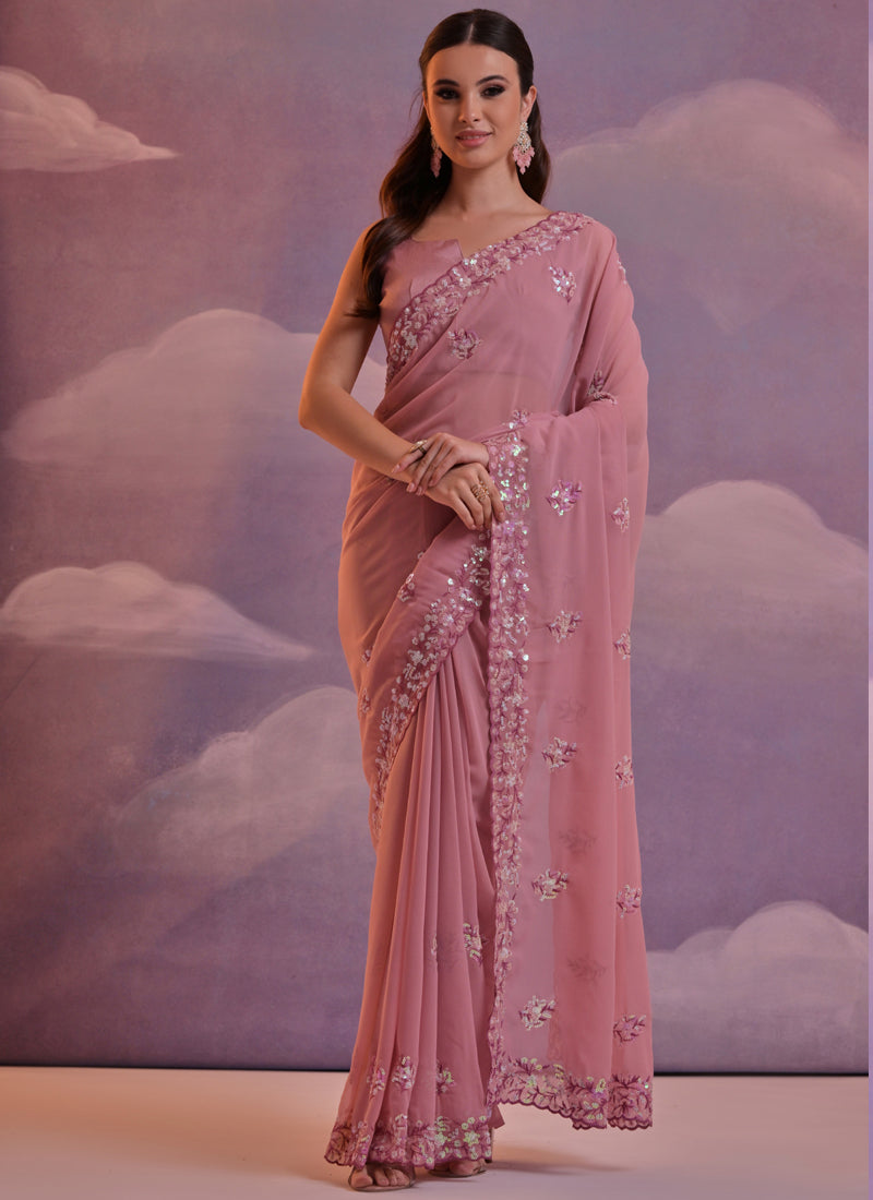 Vegaa Fashion Light Pink Grey Soft Georgette Sequence Work Saree