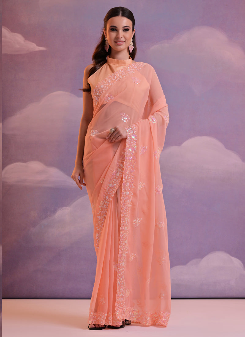 Vegaa Fashion Light Peach Grey Soft Georgette Sequence Work Saree