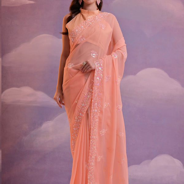 Vegaa Fashion Light Peach Grey Soft Georgette Sequence Work Saree - Distacart