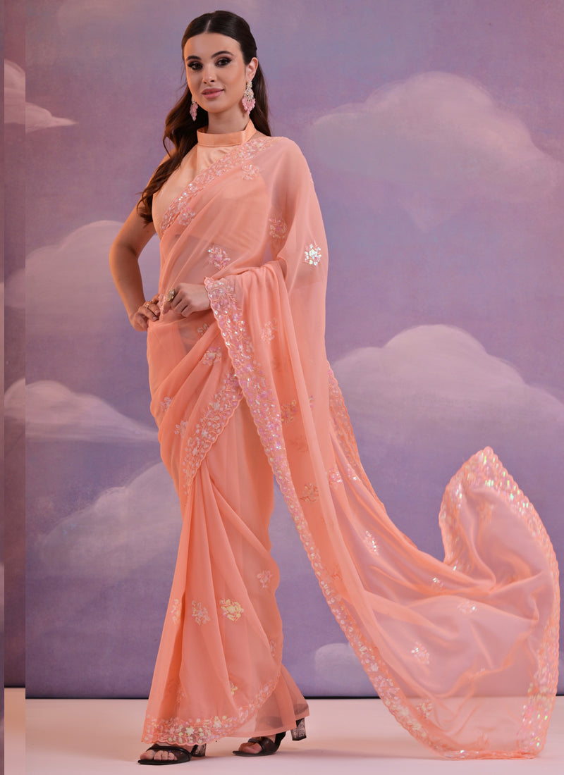 Vegaa Fashion Light Peach Grey Soft Georgette Sequence Work Saree