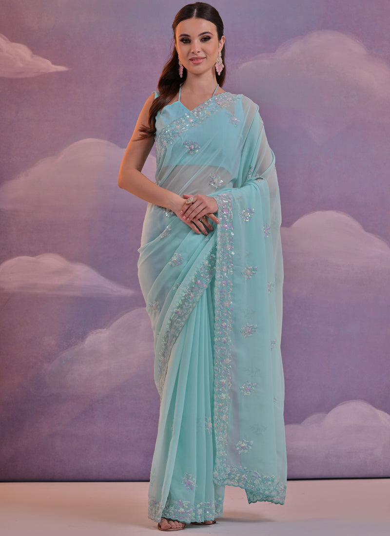 Vegaa Fashion Sky Blue Grey Soft Georgette Sequence Work Saree