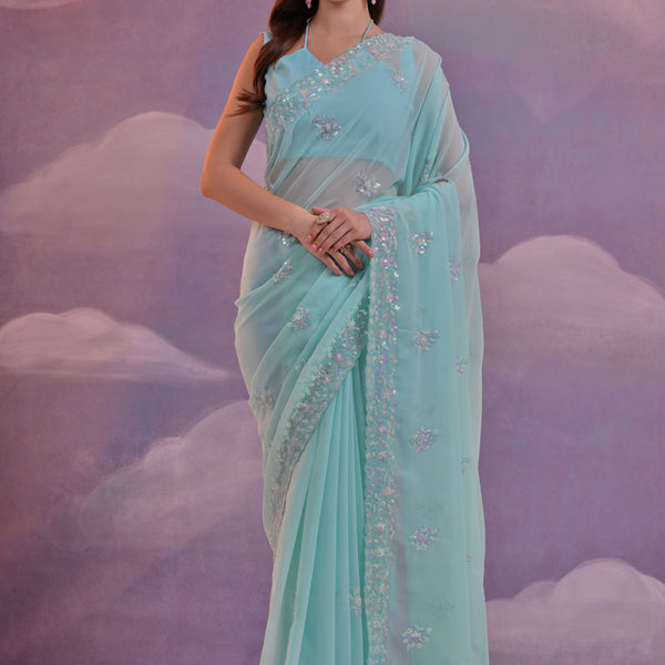 Vegaa Fashion Sky Blue Grey Soft Georgette Sequence Work Saree - Distacart