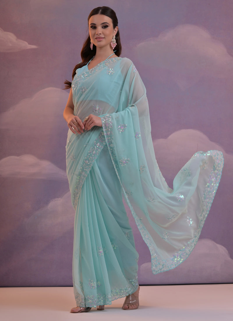 Vegaa Fashion Sky Blue Grey Soft Georgette Sequence Work Saree