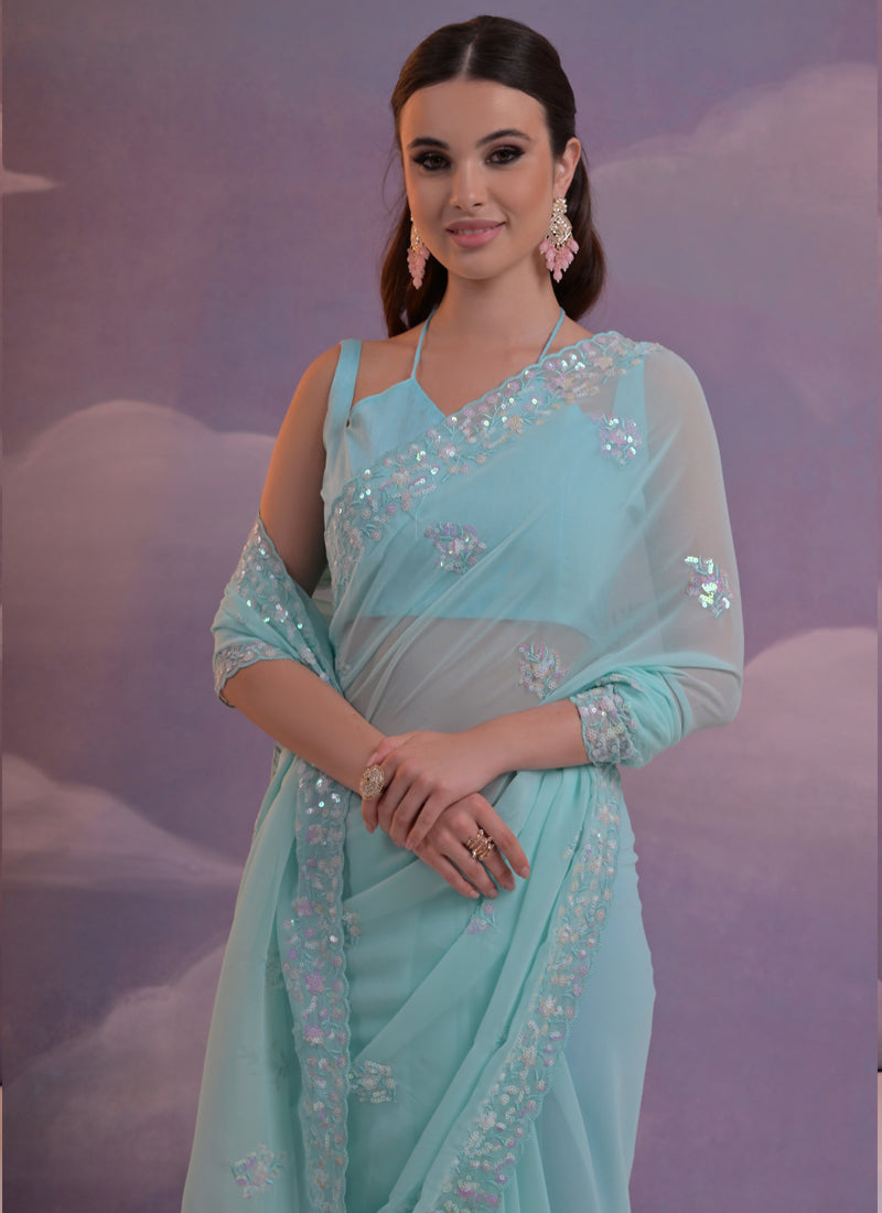 Vegaa Fashion Sky Blue Grey Soft Georgette Sequence Work Saree