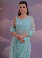 Thumbnail for Vegaa Fashion Sky Blue Grey Soft Georgette Sequence Work Saree