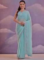 Thumbnail for Vegaa Fashion Sky Blue Grey Soft Georgette Sequence Work Saree
