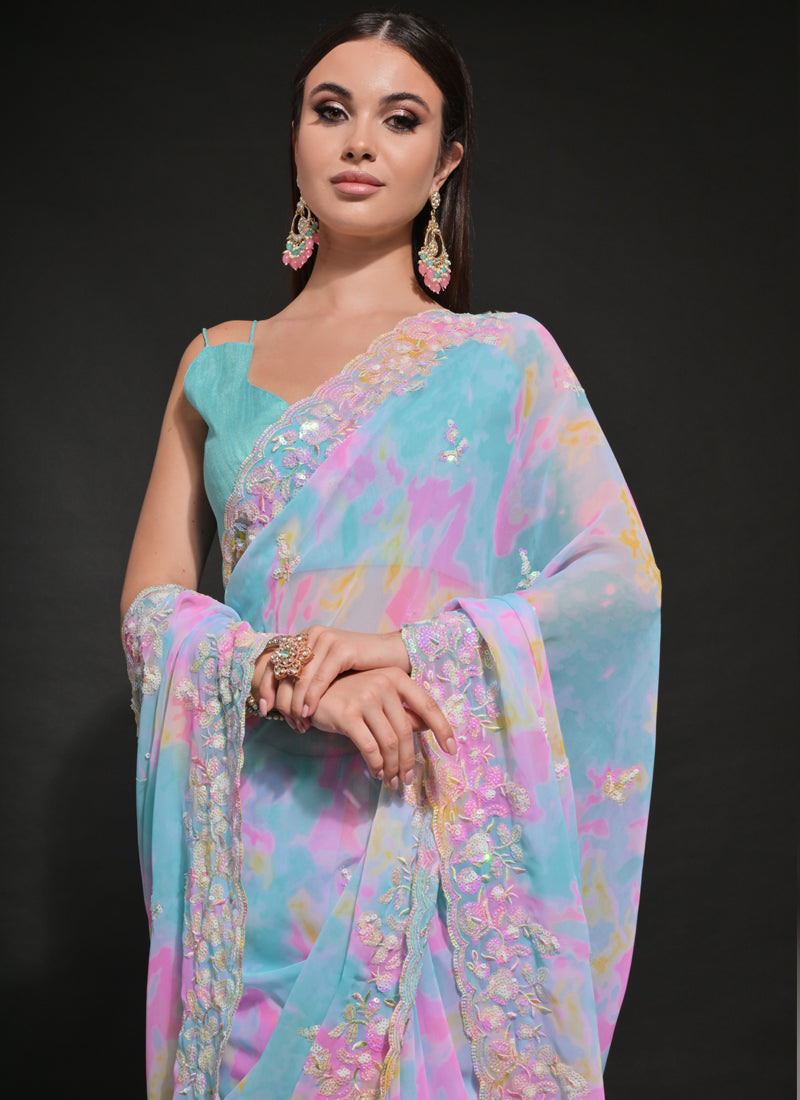 Vegaa Fashion Sky Blue Soft Georgette Sequence Work Saree