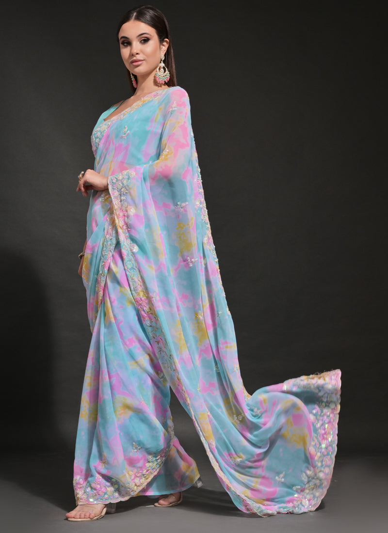 Vegaa Fashion Sky Blue Soft Georgette Sequence Work Saree