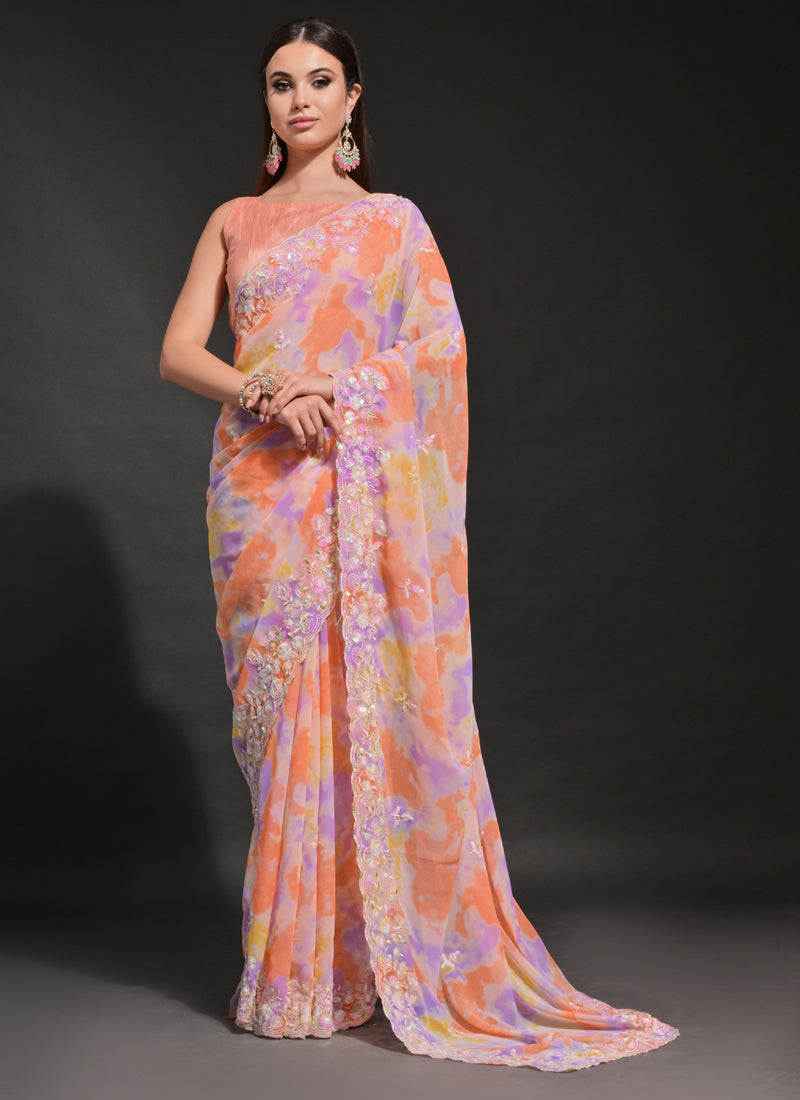 Vegaa Fashion Orange Soft Georgette Sequence Work Saree