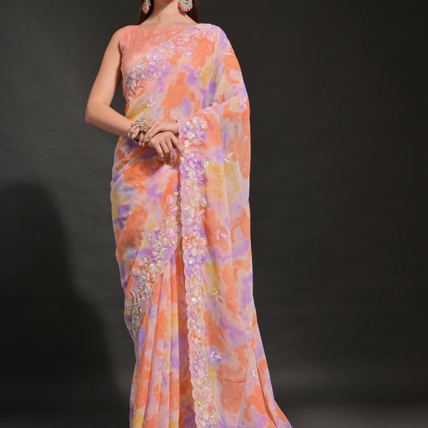 Vegaa Fashion Orange Soft Georgette Sequence Work Saree - Distacart
