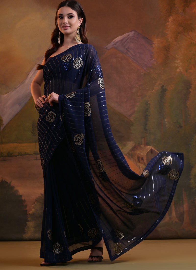 Vegaa Fashion Navy Blue Soft Georgette Sequence Work Saree