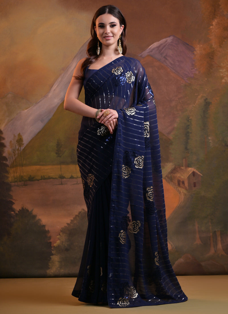 Vegaa Fashion Navy Blue Soft Georgette Sequence Work Saree