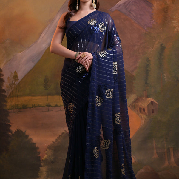 Vegaa Fashion Navy Blue Soft Georgette Sequence Work Saree