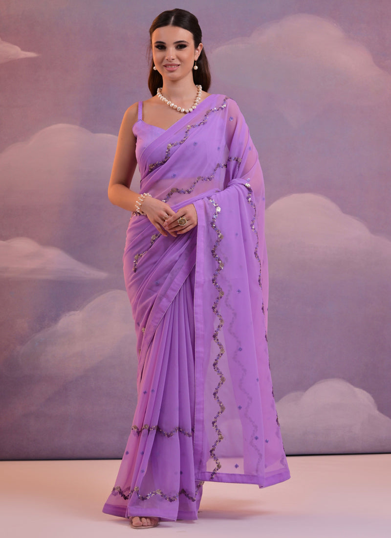Vegaa Fashion Levender Soft Georgette Sequence Work Saree