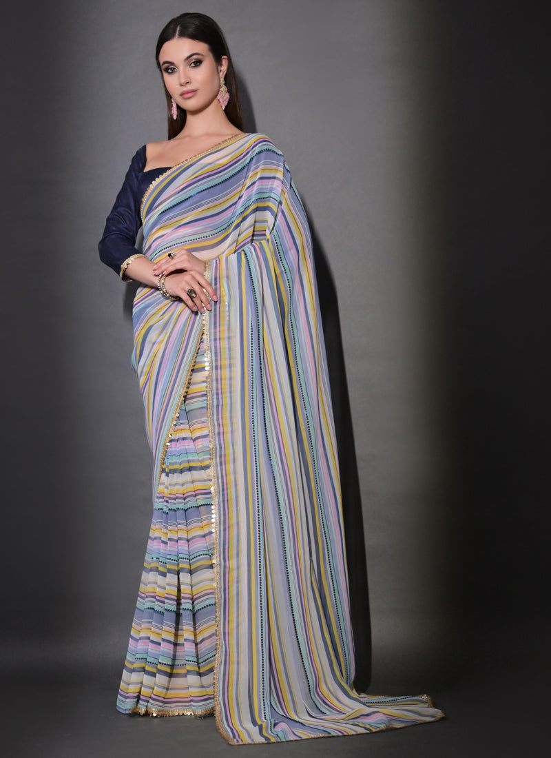 Vegaa Fashion Multicolor Georgette Leriya Print Sequence Saree