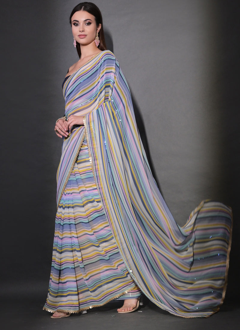 Vegaa Fashion Multicolor Georgette Leriya Print Sequence Saree