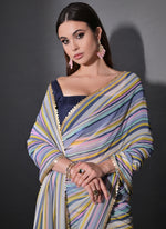 Thumbnail for Vegaa Fashion Multicolor Georgette Leriya Print Sequence Saree