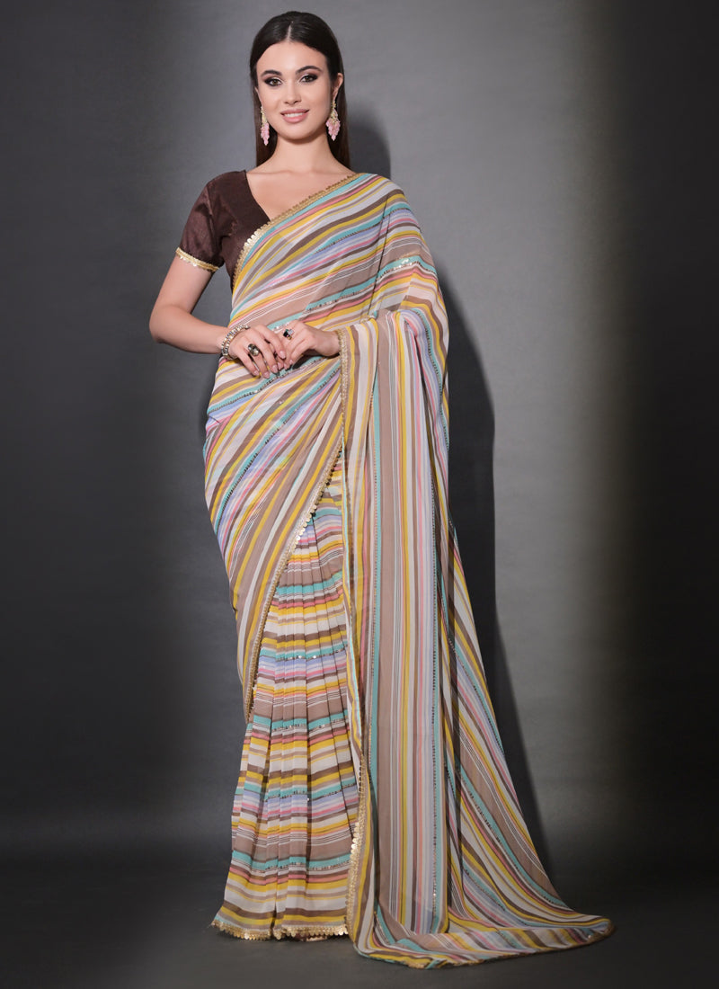 Vegaa Fashion Multicolor Georgette Leriya Print Sequence Saree