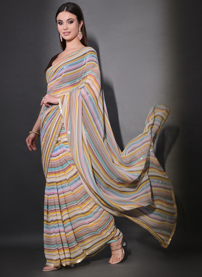 Vegaa Fashion Multicolor Georgette Leriya Print Sequence Saree