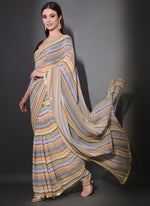 Thumbnail for Vegaa Fashion Multicolor Georgette Leriya Print Sequence Saree