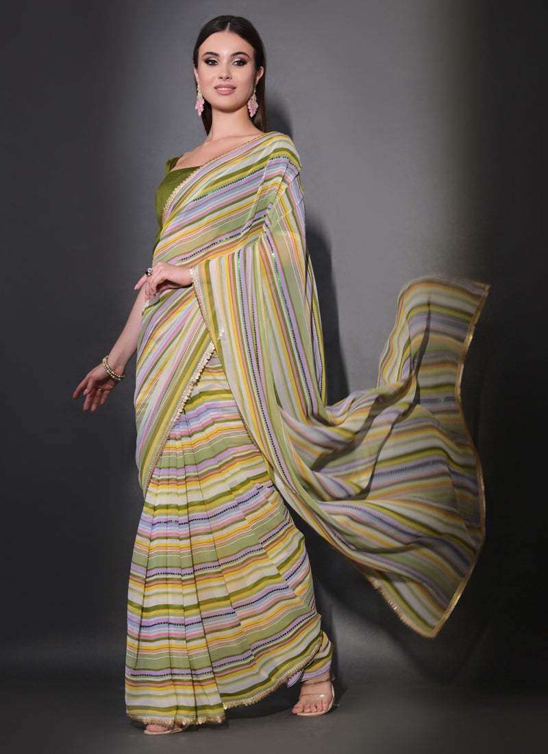 Vegaa Fashion Multicolor Georgette Leriya Print Sequence Saree