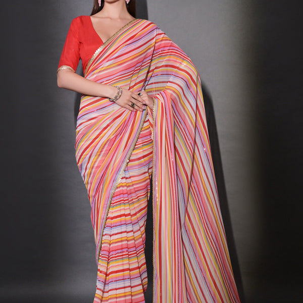 Vegaa Fashion Multicolor Georgette Leriya Print Sequence Saree - Distacart
