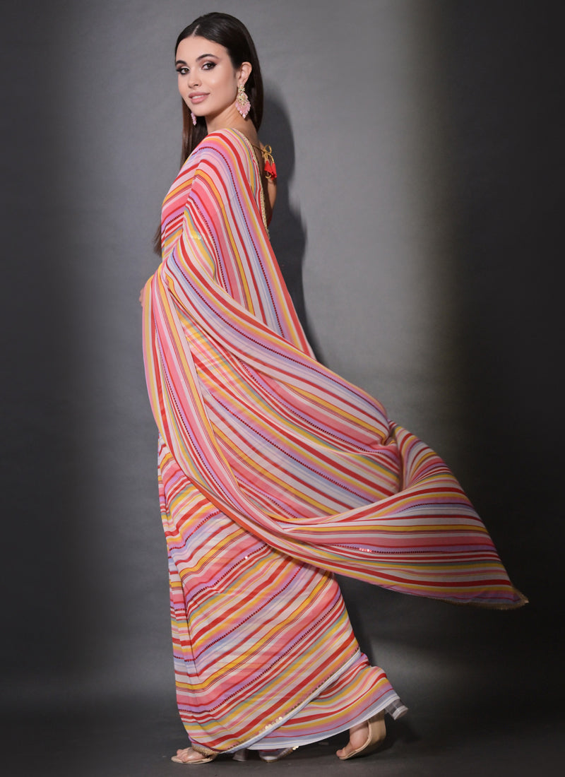 Vegaa Fashion Multicolor Georgette Leriya Print Sequence Saree