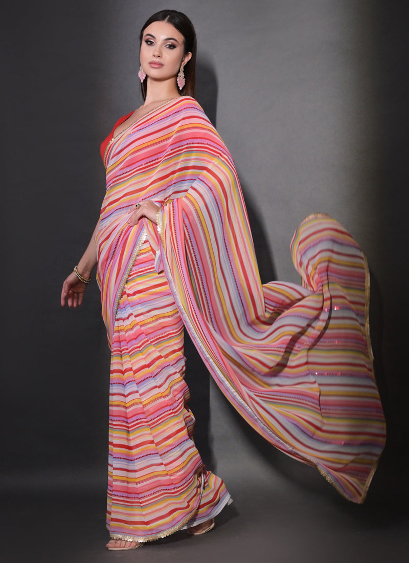 Vegaa Fashion Multicolor Georgette Leriya Print Sequence Saree