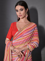 Thumbnail for Vegaa Fashion Multicolor Georgette Leriya Print Sequence Saree