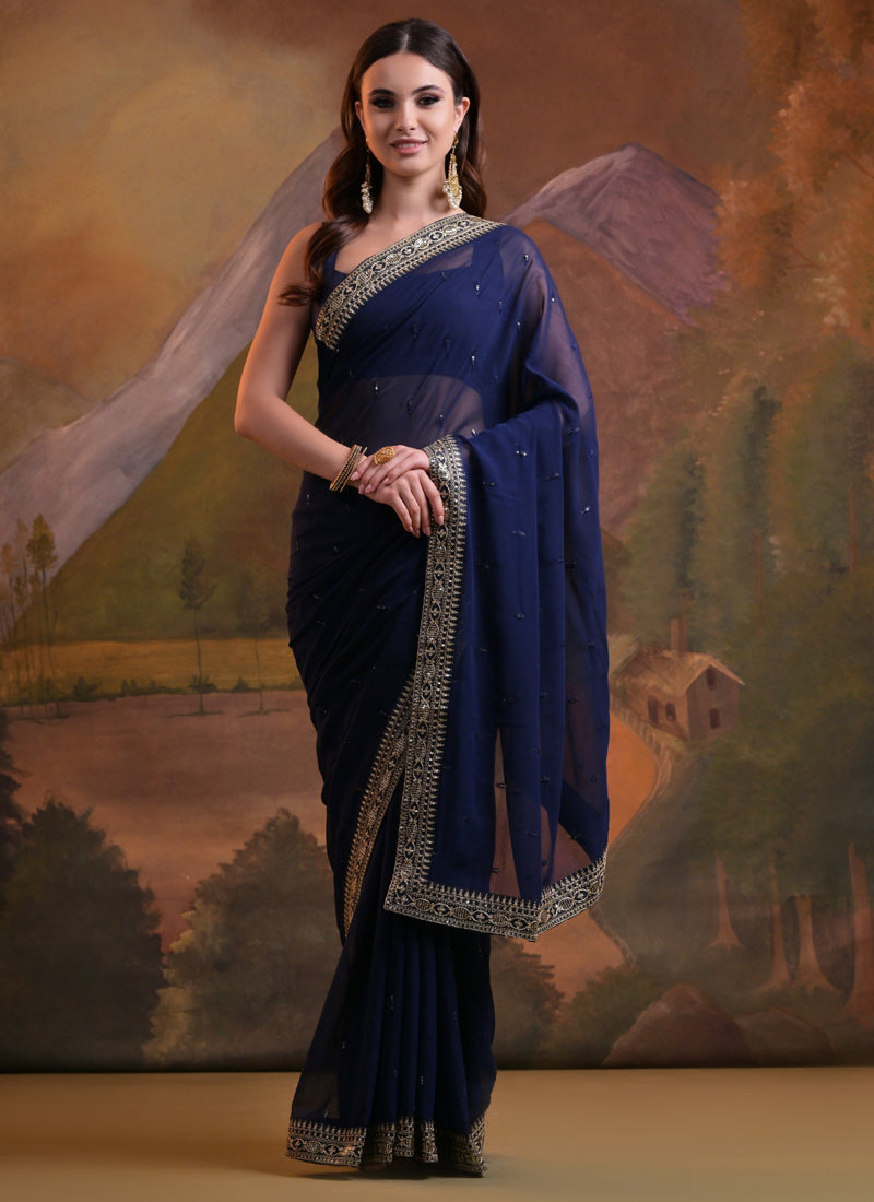 Vegaa Fashion Blue Heavy Georgette Sequence Work Saree