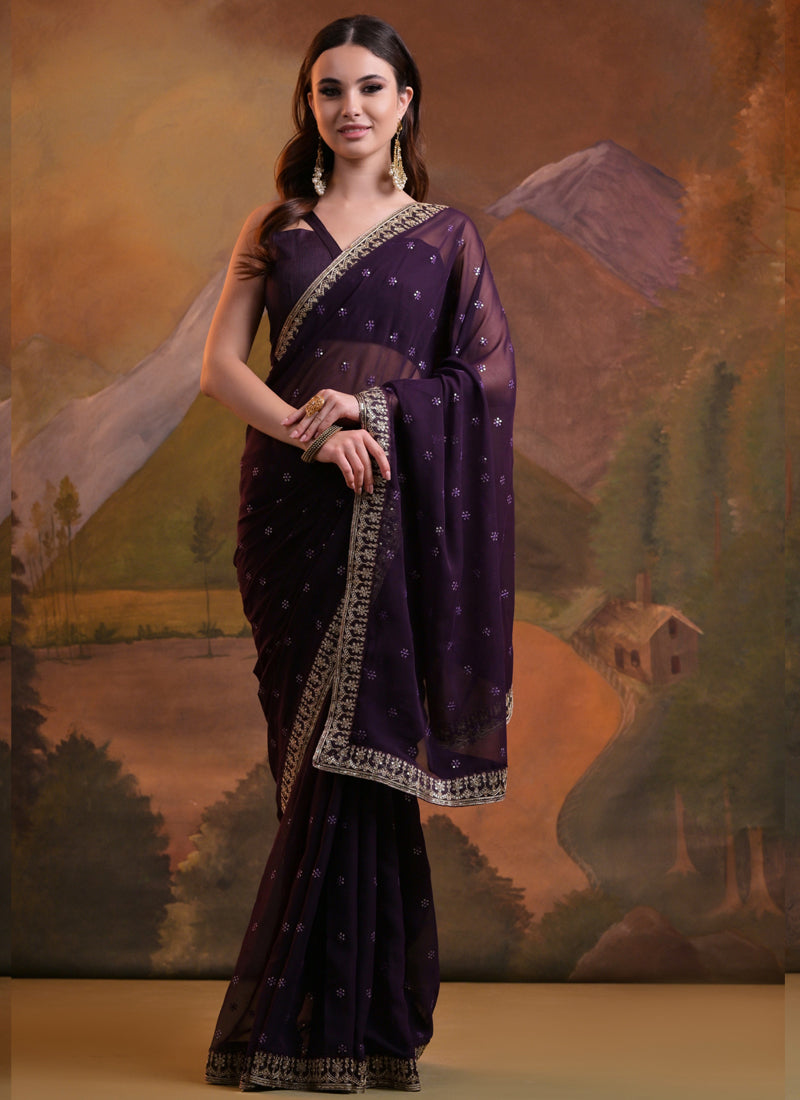 Vegaa Fashion Wine Heavy Georgette Sequence Work Saree