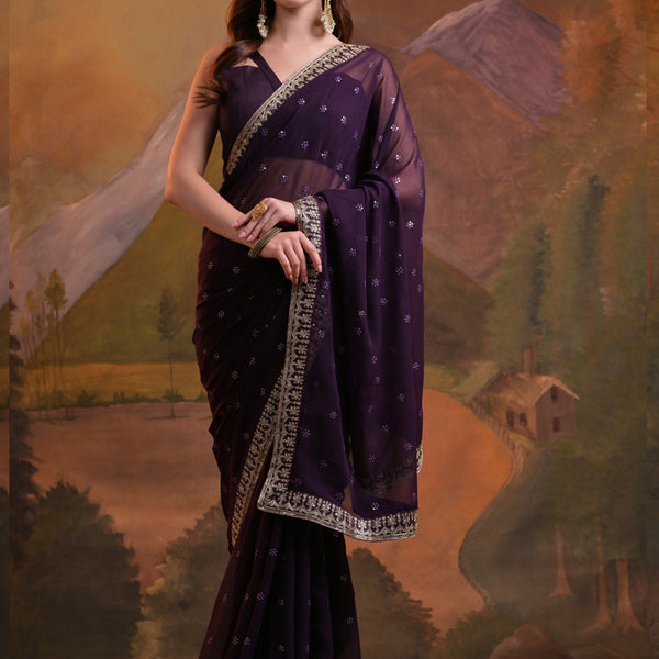 Vegaa Fashion Wine Heavy Georgette Sequence Work Saree - Distacart