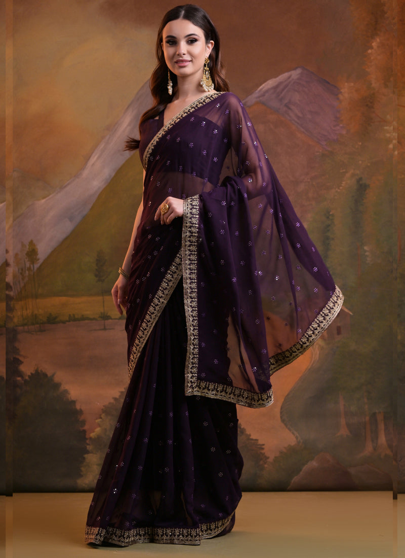 Vegaa Fashion Wine Heavy Georgette Sequence Work Saree