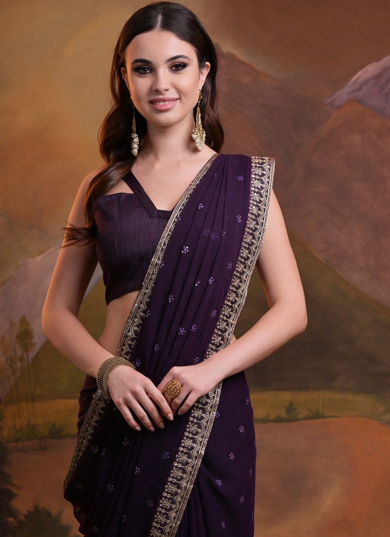 Vegaa Fashion Wine Heavy Georgette Sequence Work Saree