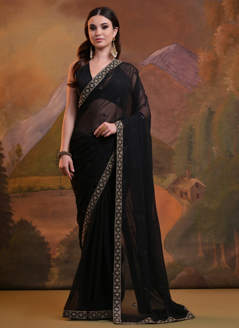 Vegaa Fashion Black Heavy Georgette Sequence Work Saree