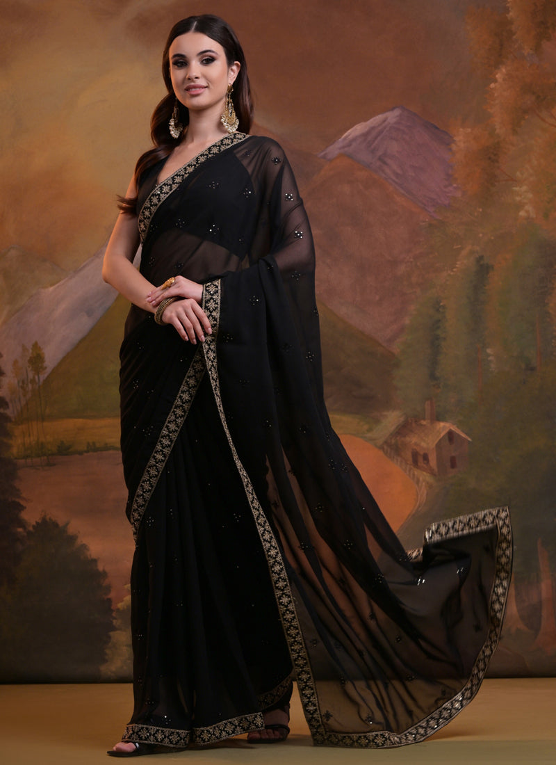 Vegaa Fashion Black Heavy Georgette Sequence Work Saree