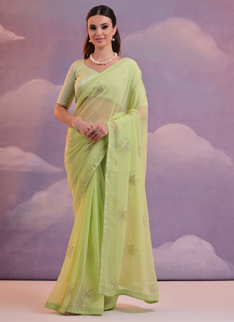 Vegaa Fashion Light Green Georgette Sequence Party Wear Saree