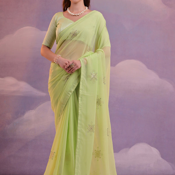 Vegaa Fashion Light Green Georgette Sequence Party Wear Saree - Distacart