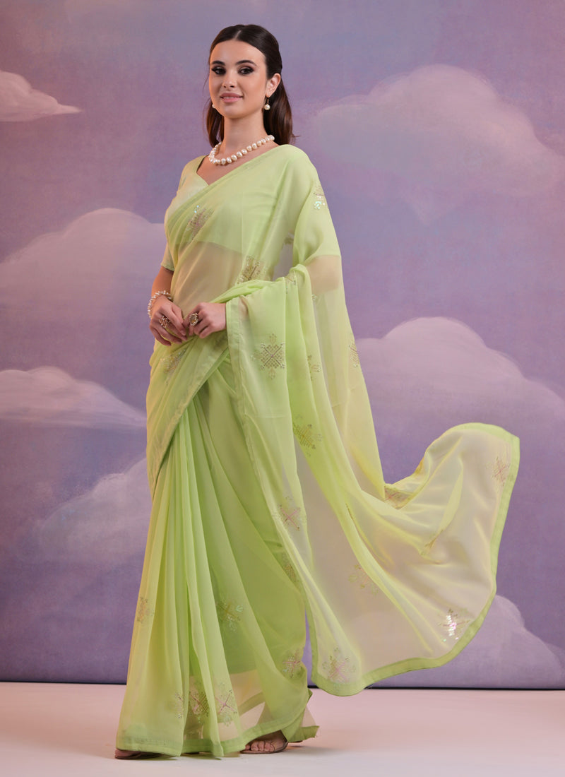 Vegaa Fashion Light Green Georgette Sequence Party Wear Saree