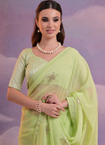 Thumbnail for Vegaa Fashion Light Green Georgette Sequence Party Wear Saree