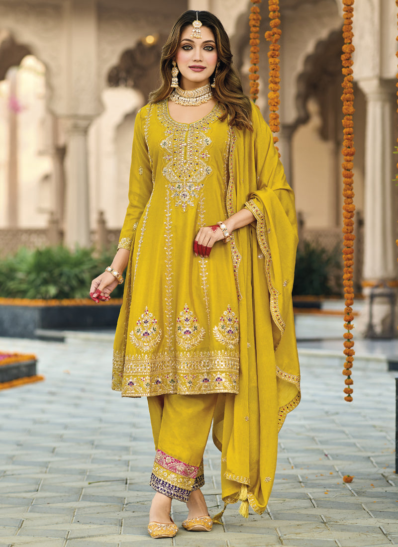 Vegaa Fashion Yellow Chinon Silk Embroidered Designer Palazzo Suit