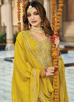 Thumbnail for Vegaa Fashion Yellow Chinon Silk Embroidered Designer Palazzo Suit
